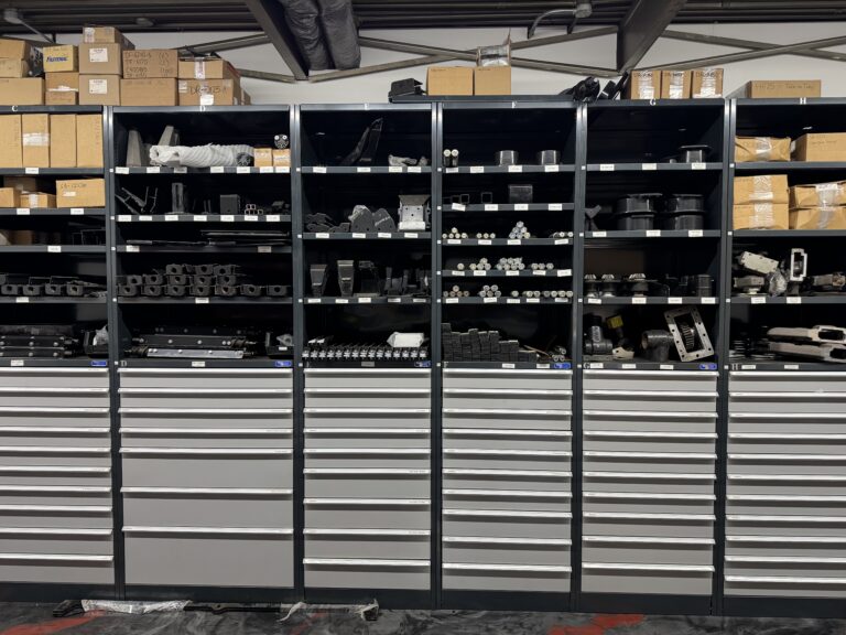 Shelves and parts drawers in the Drago S.C.I. parts room
