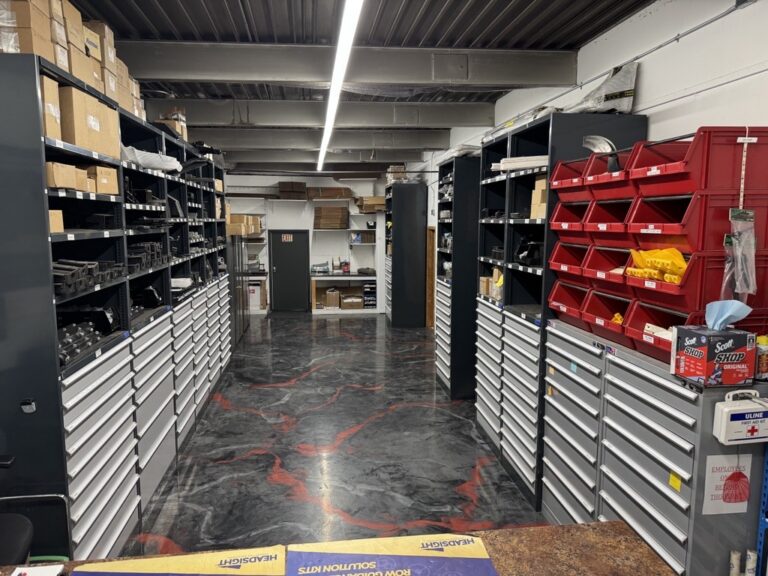 Organized parts bins in the Drago S.C.I. parts room